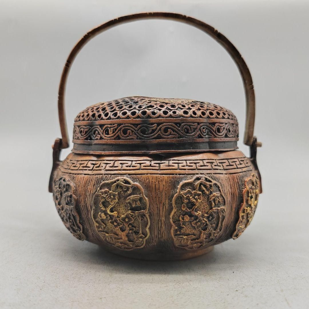 銅製 提梁暖手炉 八宝手炉 香炉 香道具 店舗 室内 装飾品 工芸品 置物