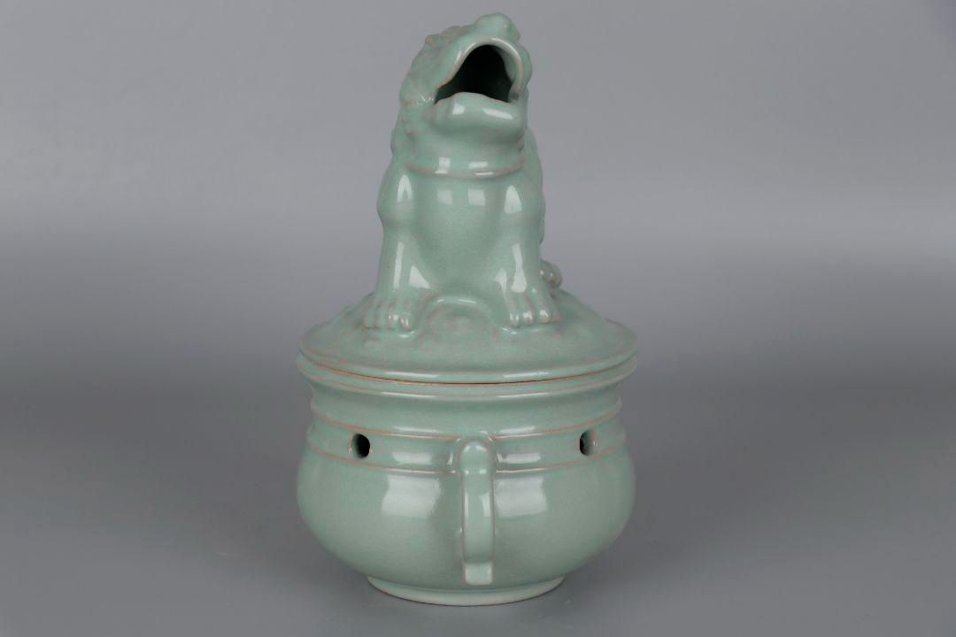 宋汝窯開片釉獅子蓋薫香炉 景徳鎮 陶磁器 装飾品 現代工芸品 美術品