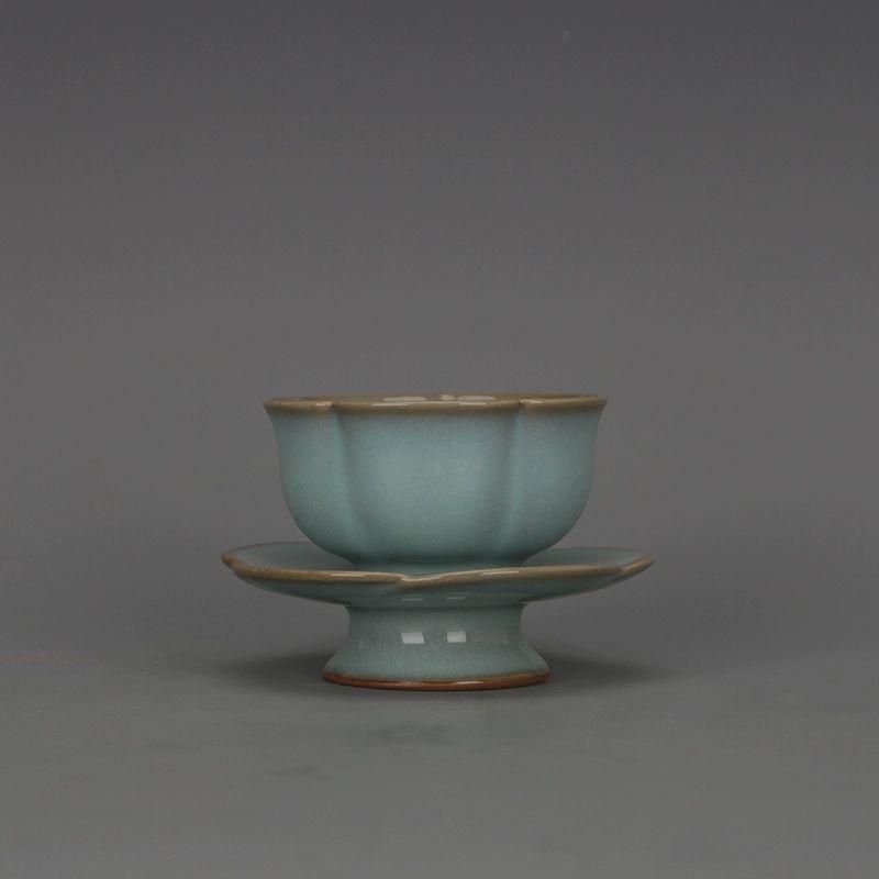 宋汝窯青釉刻字蒔絵花口支釘碗 景徳鎮 陶磁器 装飾品 現代工芸品 美術品 置物 宋汝窯青釉刻字蒔絵花口支釘碗 景徳鎮 陶磁器