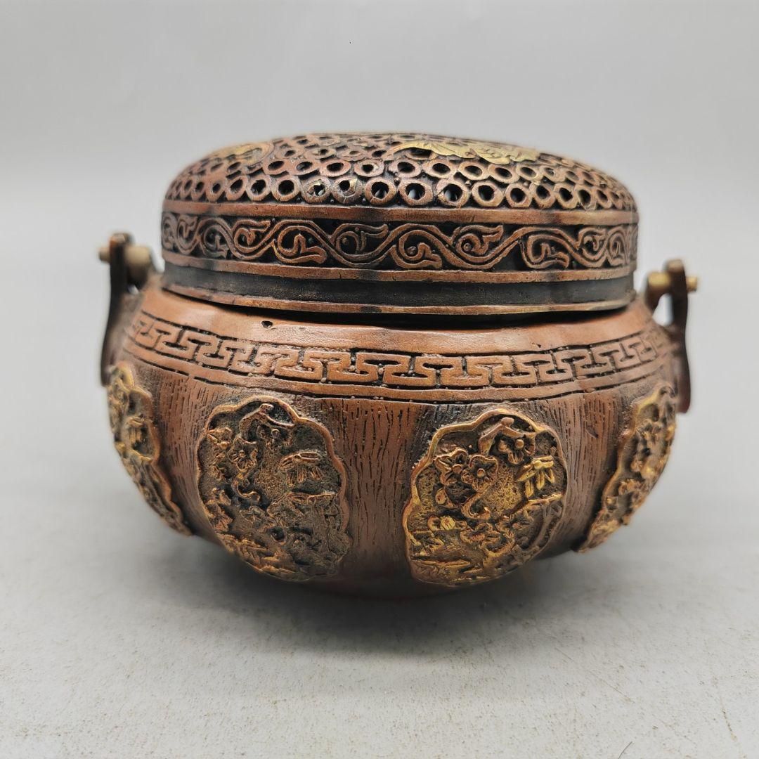 銅製 提梁暖手炉 八宝手炉 香炉 香道具 店舗 室内 装飾品 工芸品 置物