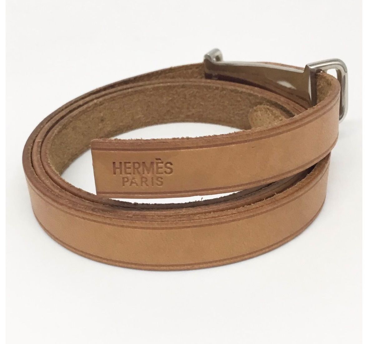 エルメス HERMES レザー ブレスレット バングル 2重巻き キャメル ブラウン×シルバー