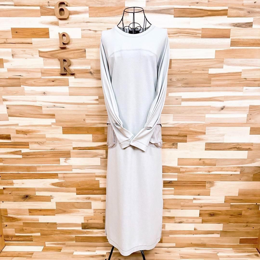  レルディ コットン バック リボン ロング ワンピース アイボリー×ベージュ 長袖 七分袖 カットソーワンピース