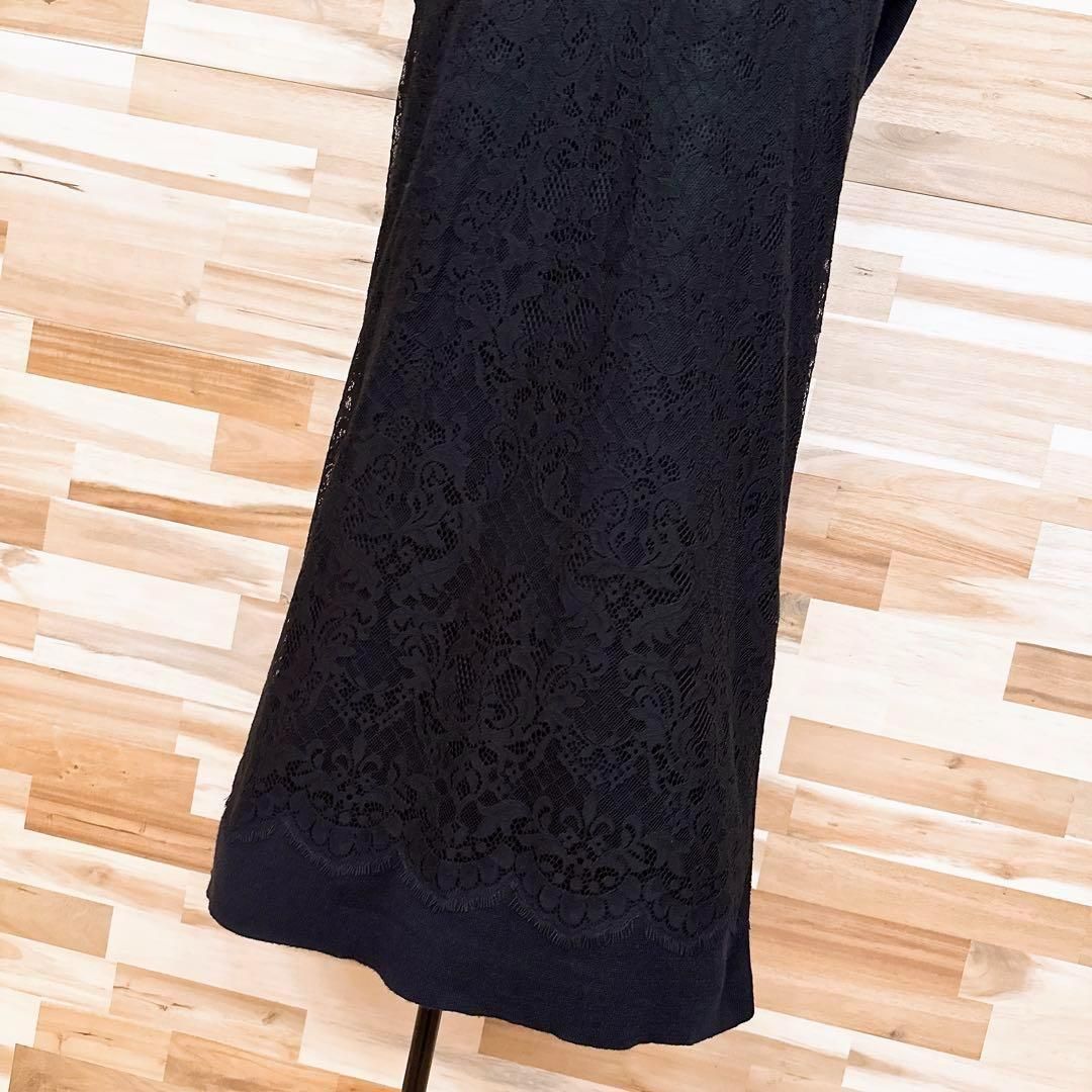  自由区 レース ドッキング ウール ブレンド ロング ニット ワンピース紺×黒 長袖 七分袖 ニットワンピース