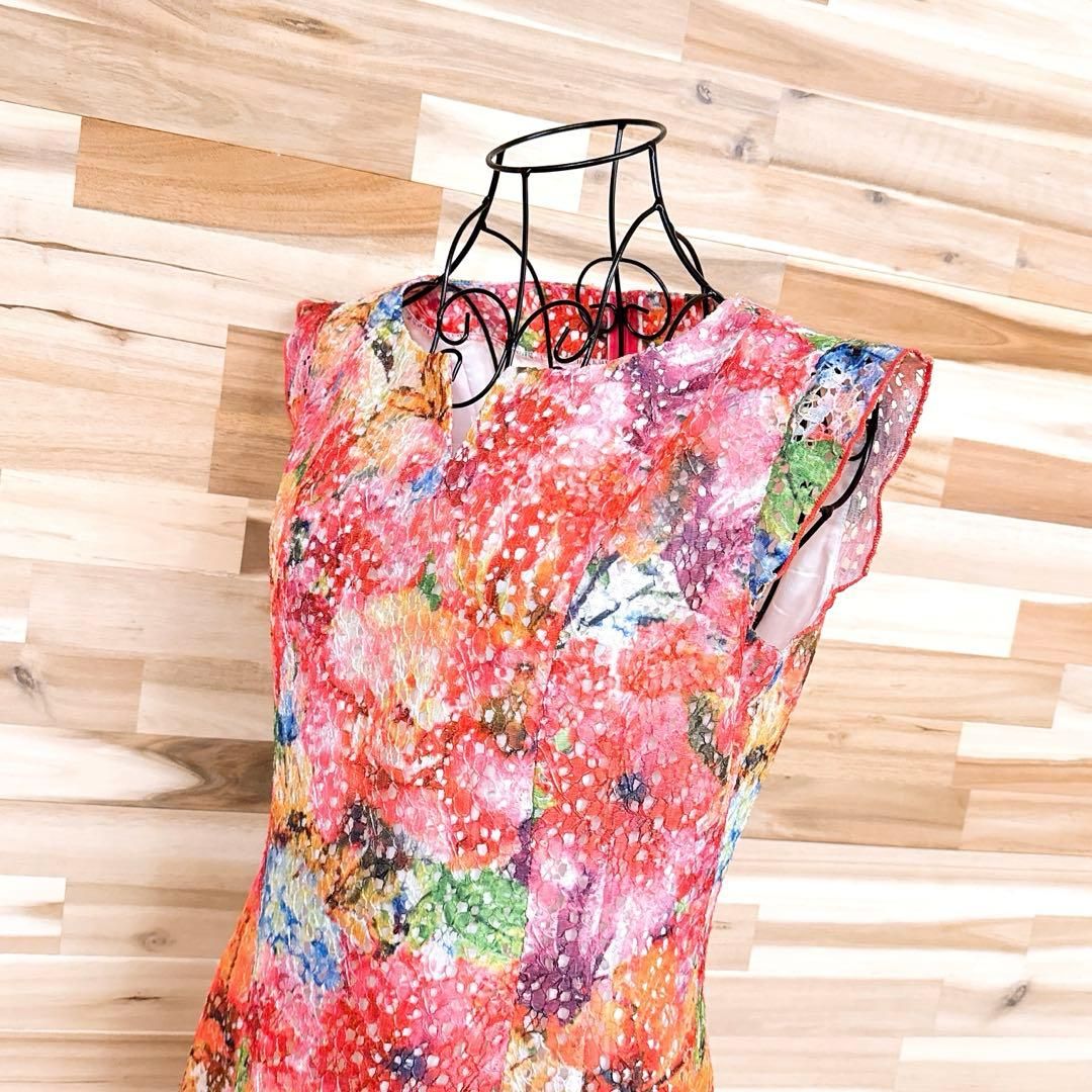 スーパービューティ カラフル 花柄フラワーモチーフ レース ワンピース ピンク