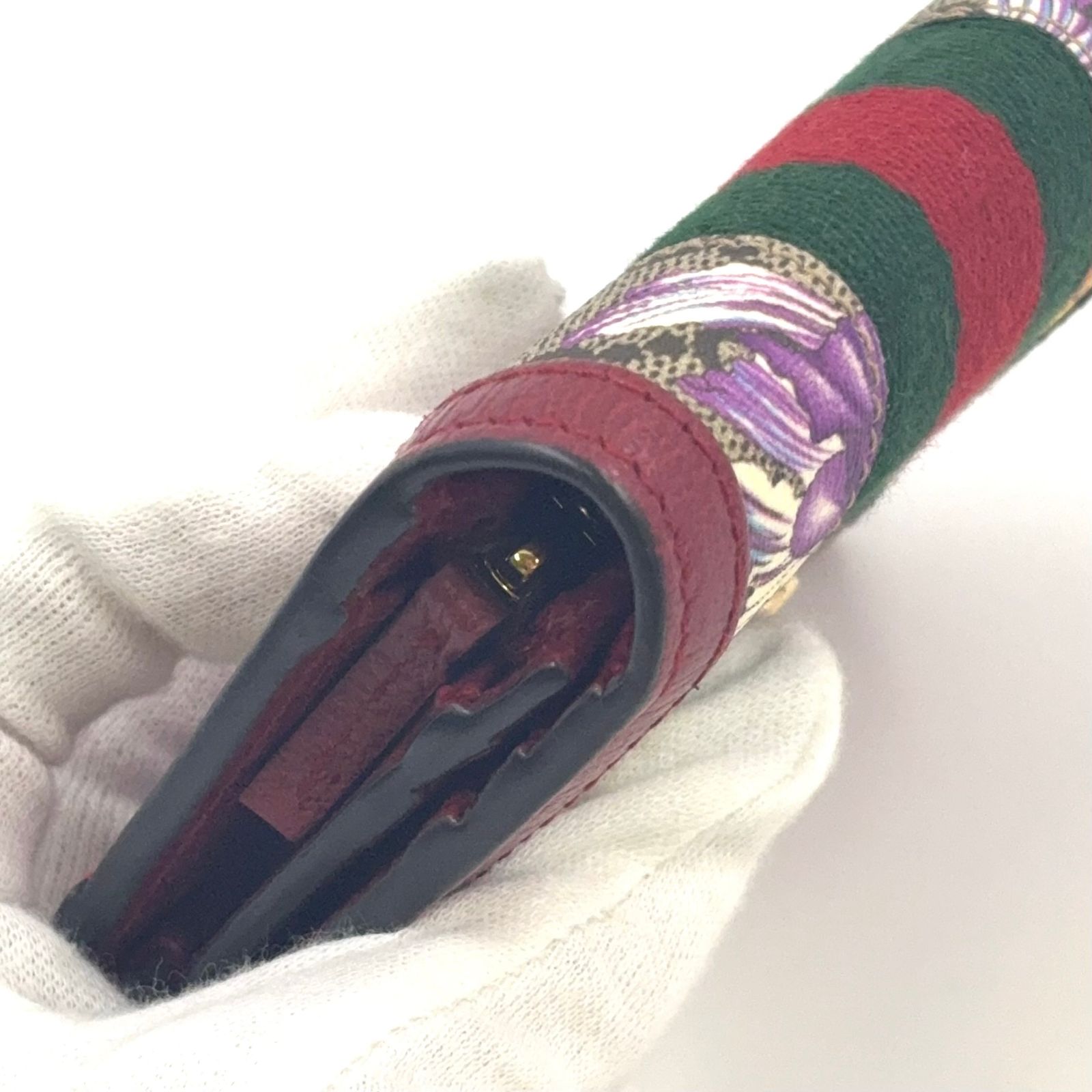  GUCCI オフディア フローラ 二つ折り レザー×キャンバス×PVC ベージュ×レッド 財布 ゴールド 長財布 小物