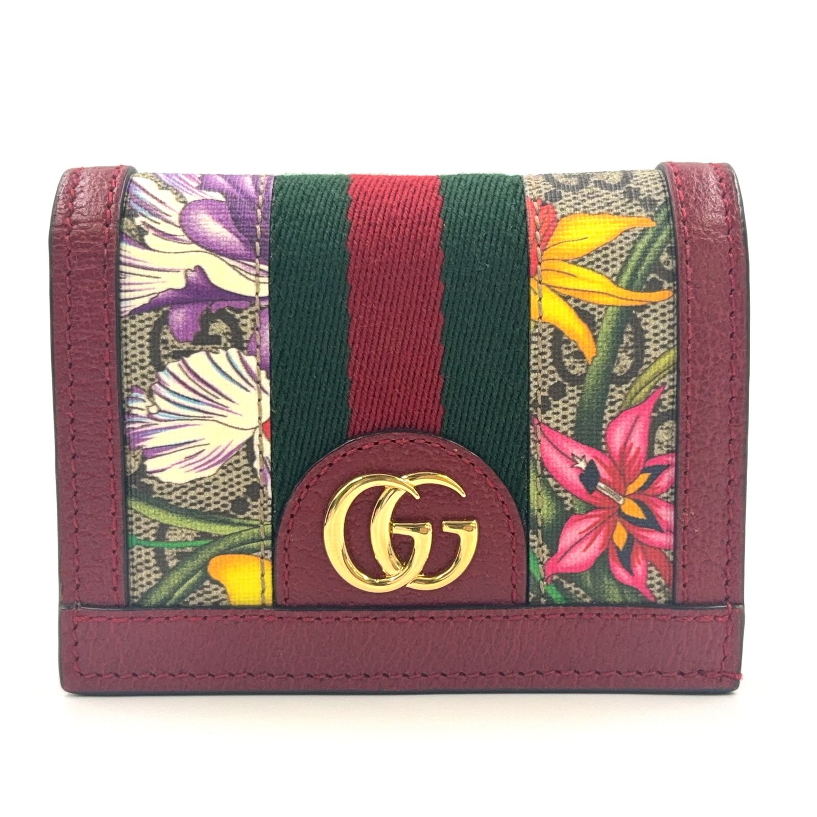 GUCCI オフディア フローラ 二つ折り レザー×キャンバス×PVC ベージュ×レッド 財布 ゴールド