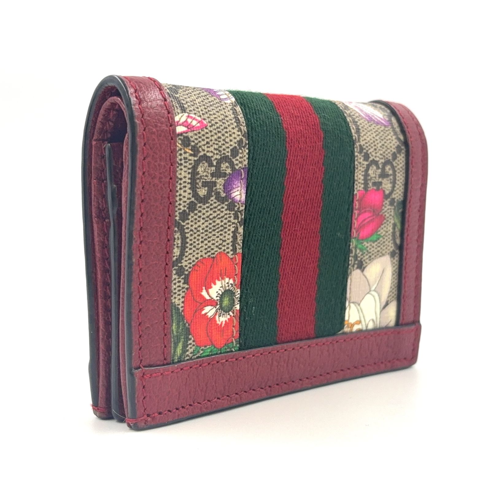 GUCCI オフディア フローラ 二つ折り レザー×キャンバス×PVC ベージュ×レッド 財布 ゴールド