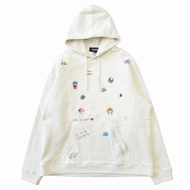 23 AW ディースクエアード プルオーバー パーカー スウェット カットソー 長袖 オーバーサイズ ロゴ 刺繡 ラインストーン 総柄 サイズS オフホワイト系 メンズ
