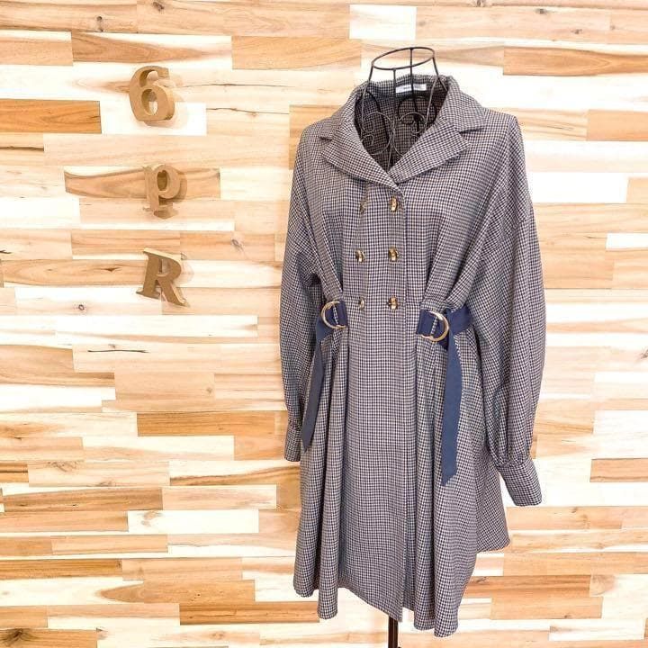 レディアゼル ピークドラペル 千鳥 チェック ワンピース 総柄 S 紺×茶