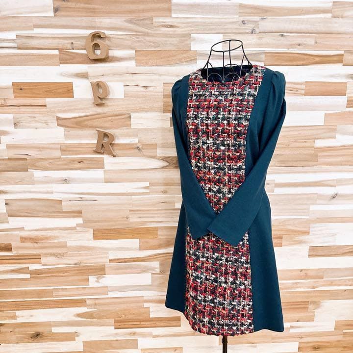 エムズグレイシー ミックスニット センター ドッキング ツイード ワンピース