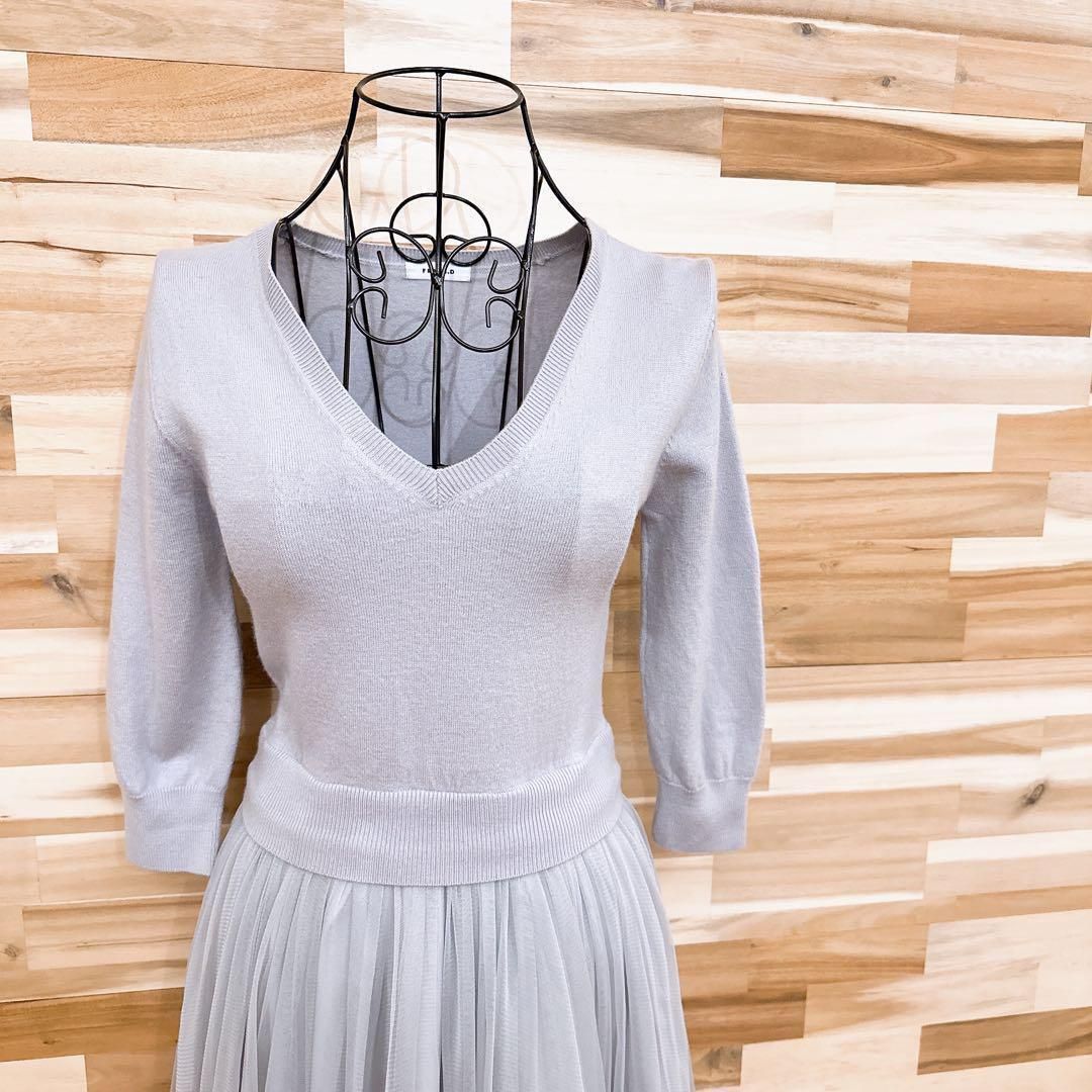 フレイアイディー Vネック ニット シフォン ドッキング ワンピースグレー