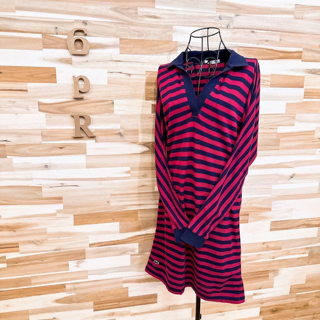 ラコステ Vネック ドロップショルダー ワンピース 起毛 ワニロゴ 赤 紺