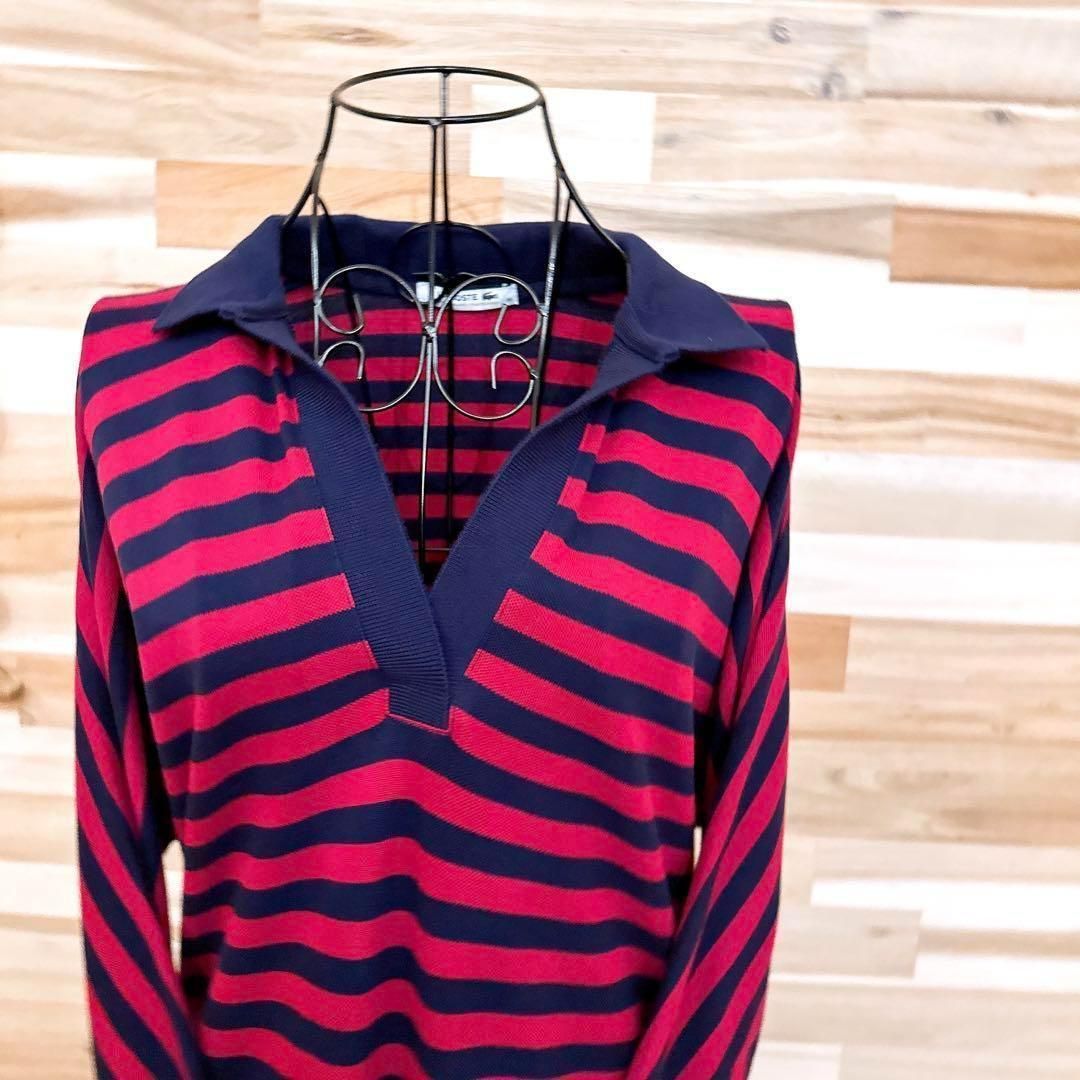 ラコステ Vネック ドロップショルダー ワンピース 起毛 ワニロゴ 赤×紺