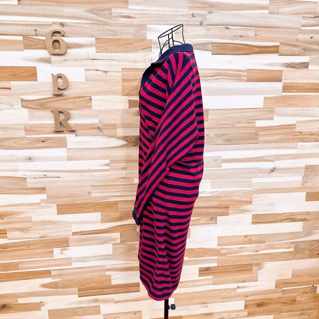  ラコステ Vネック ドロップショルダー ワンピース 起毛 ワニロゴ 赤×紺 長袖 七分袖 ひざ丈ワンピース