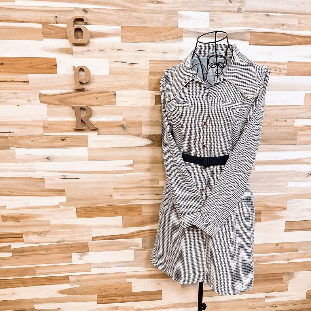 レディアゼル ビッグ ジャガード チェック ワンピース Mベージュ×白