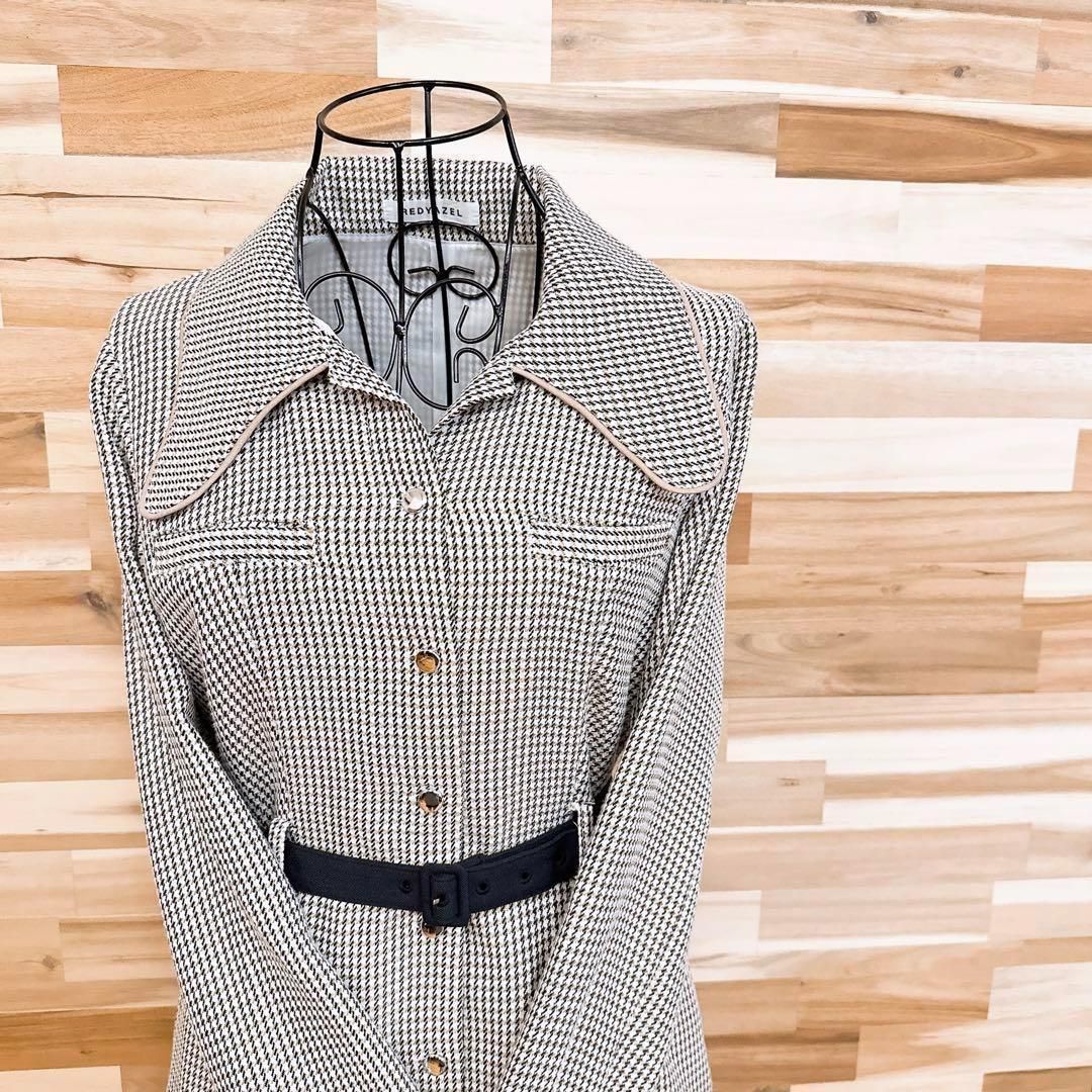 レディアゼル ビッグ ジャガード チェック ワンピース Mベージュ×白