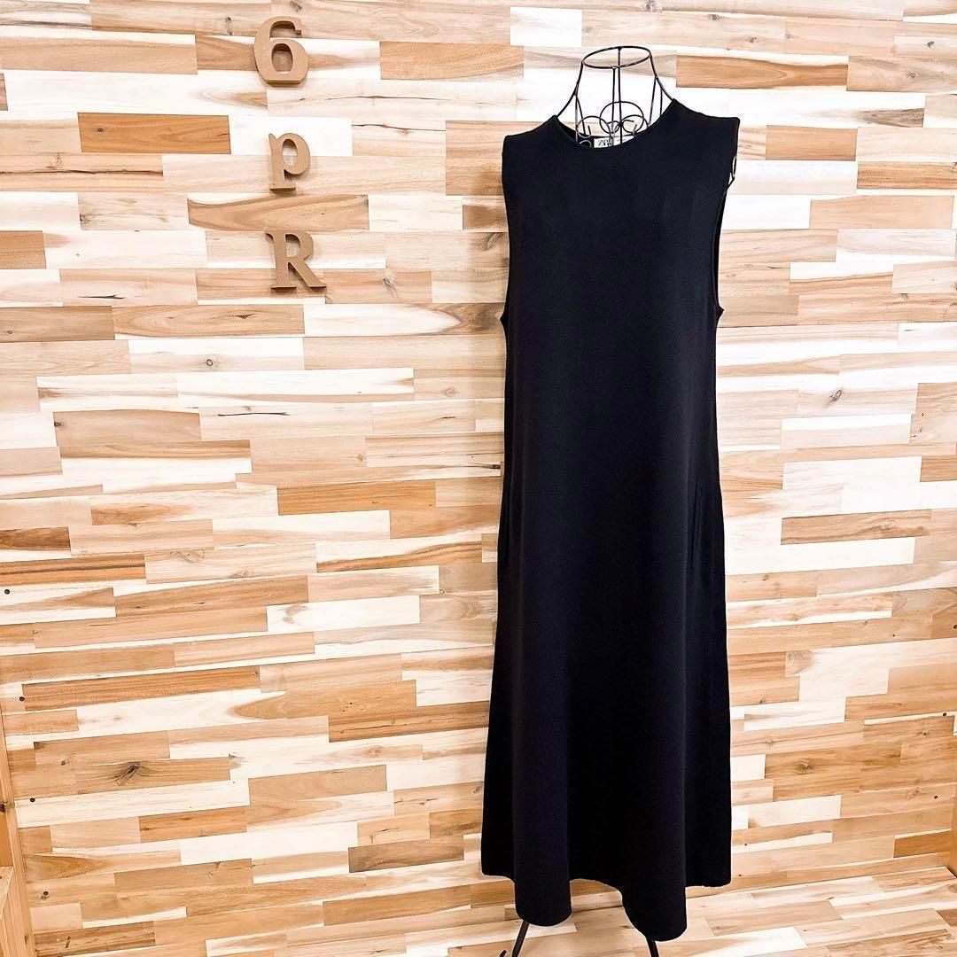 ザラ クルーネック ボリューム ニット ノースリーブ ロング ワンピース L黒