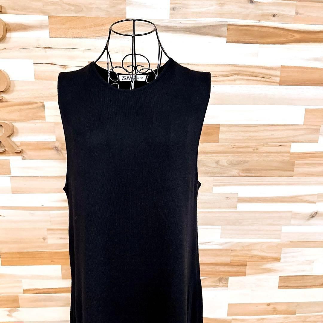 ザラ クルーネック ボリューム ニット ノースリーブ ロング ワンピース L黒