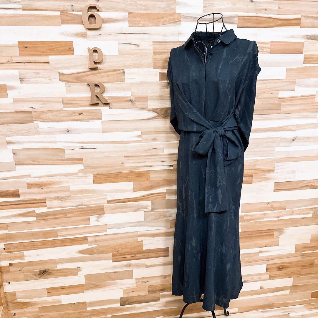 クラネ マーブル柄 ロング ワンピース シャツ襟 長袖 総柄 紺 グレー