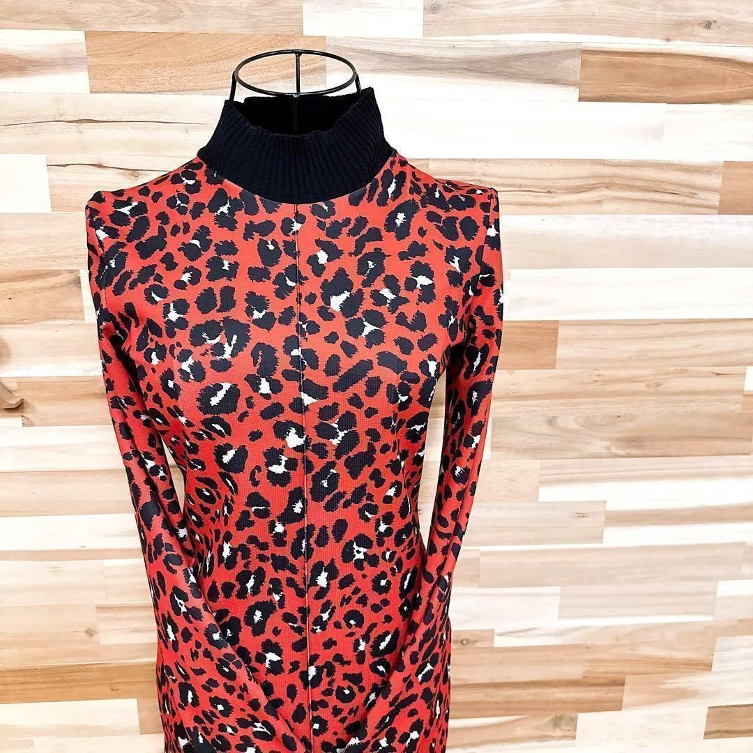 ザラ アニマル レオパード ハイネック ロング タイト ワンピース S 赤×黒