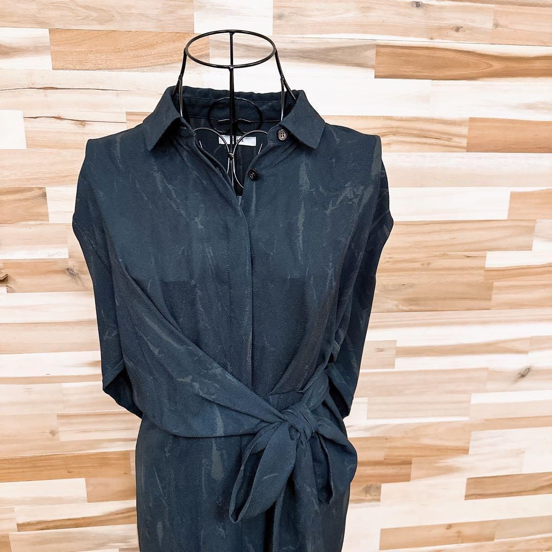 クラネ マーブル柄 ロング ワンピース シャツ襟 長袖 総柄 紺×グレー