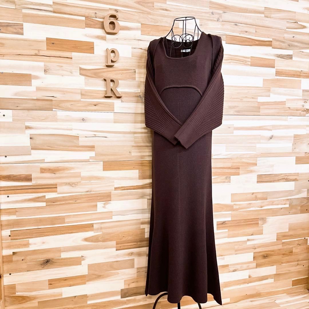 カーサフライン ショート カーディガン ロング ニット ワンピース セット 茶