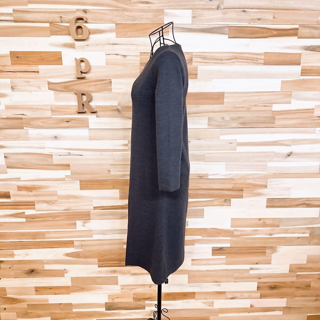  アナイ イタリア製 ウール クルーネック ワンピース 無地 グレー×緑 長袖 七分袖 ひざ丈ワンピース