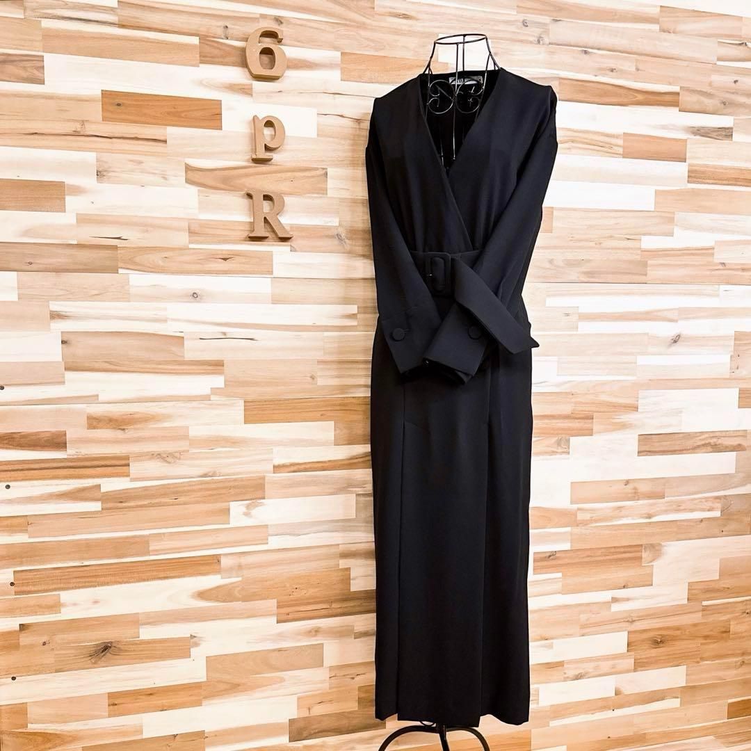 ザラ Vネック カシュクール ロング ワンピース スリット XS 黒ブラック