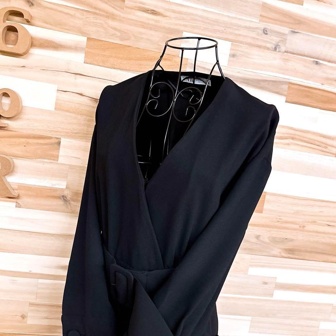 ザラ Vネック カシュクール ロング ワンピース スリット XS 黒ブラック