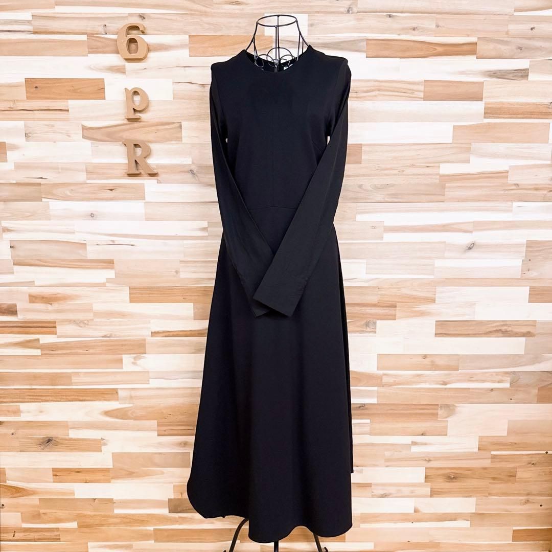  アンスリード 異素材 切り替えロング フ ワンピース S相当 黒ブラック 長袖 七分袖 カットソーワンピース