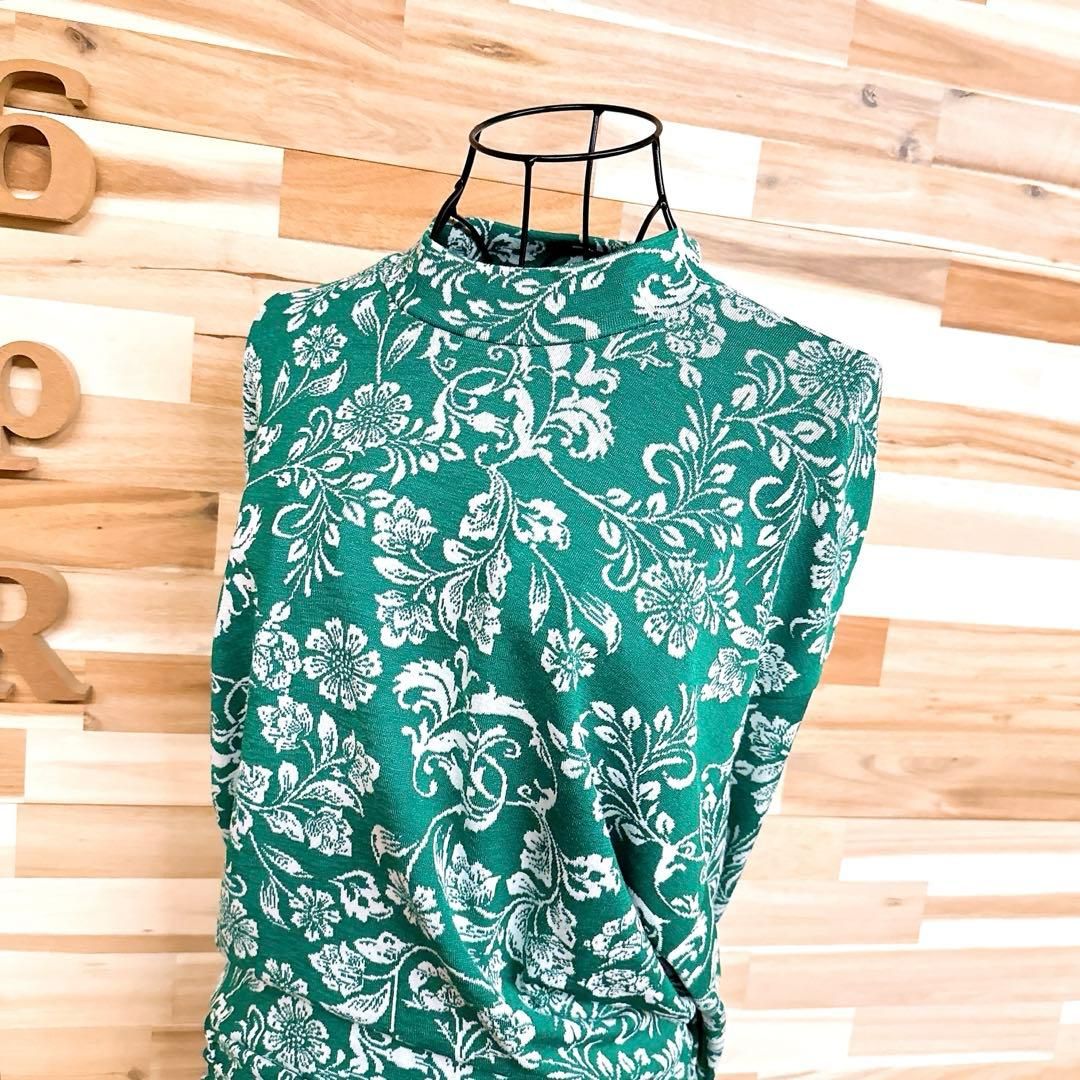 ザラ ボトルネック ボタニカル 花柄 ジャガード 長袖 ワンピース L 緑×白