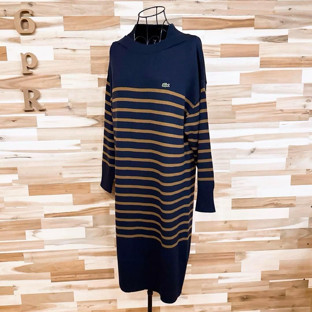 ラコステ コットン ブレンド ボーダー ロング ニット ワンピース 長袖 紺