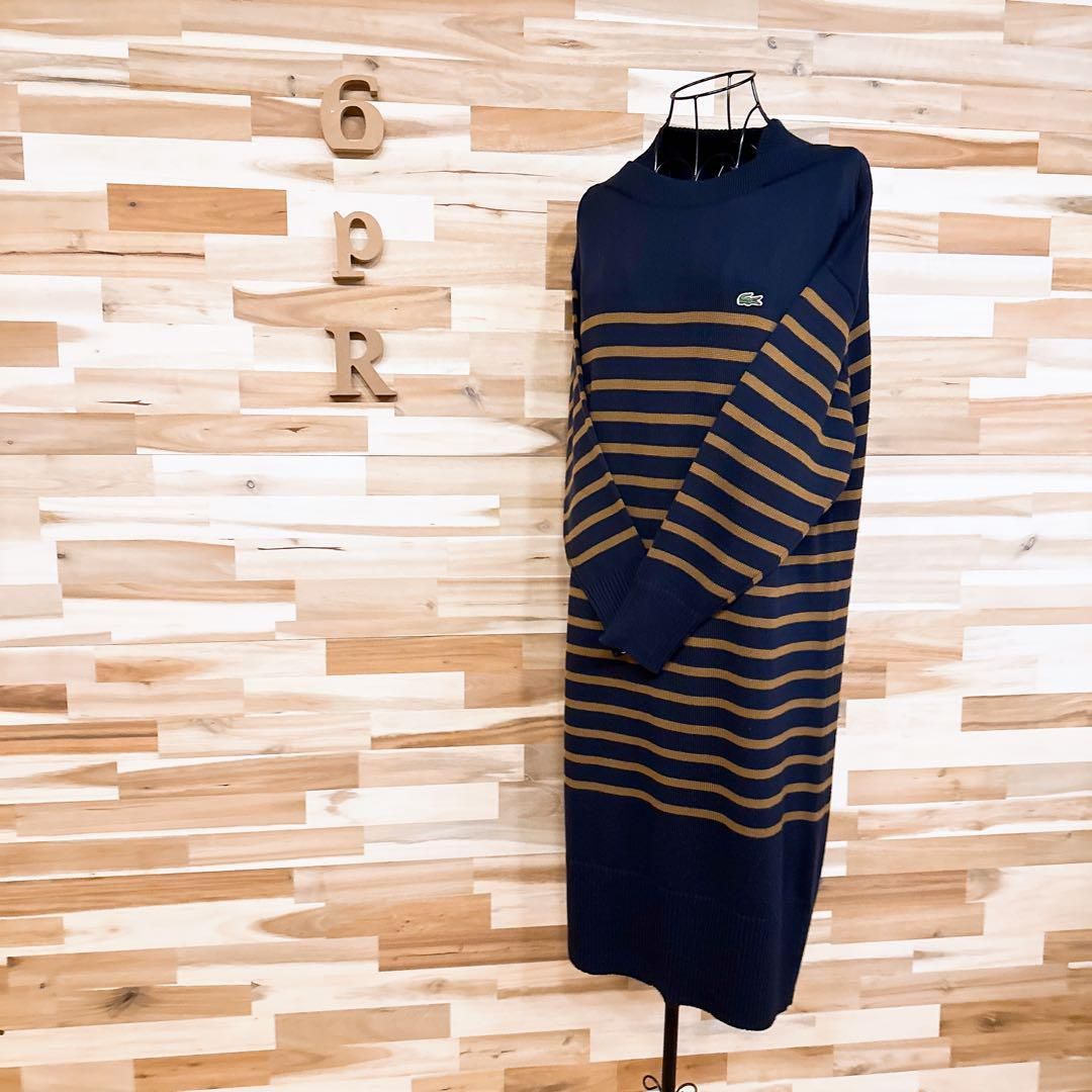  ラコステ コットン ブレンド ボーダー ロング ニット ワンピース 長袖 紺 長袖 七分袖 ニットワンピース