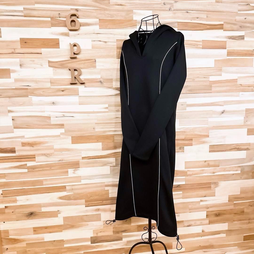 送料無料も! エリン Vネック フーディ ジャージー ロング パーカー ワンピース 黒×白