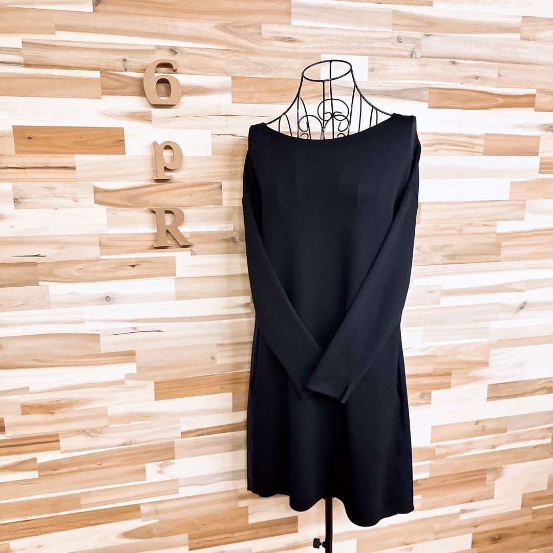 ブレンへイム ボートネック 異素材 切り替え ニット ワンピース 長袖 黒×紺