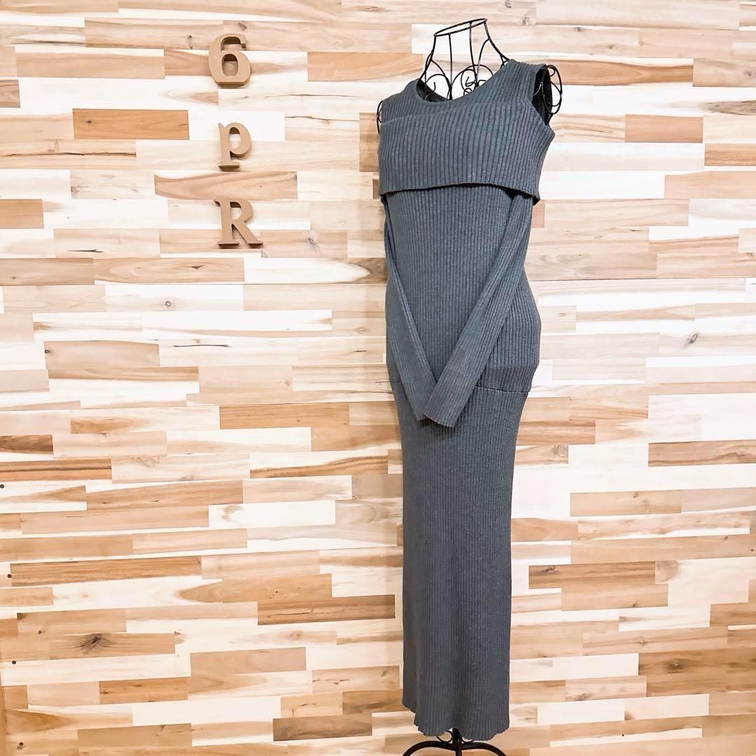 フレイアイディー オフショルダー リブ ニット ロング ワンピース秋冬 グレー