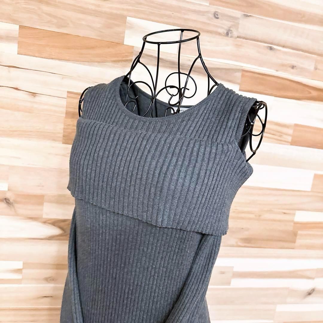 フレイアイディー オフショルダー リブ ニット ロング ワンピース秋冬 グレー