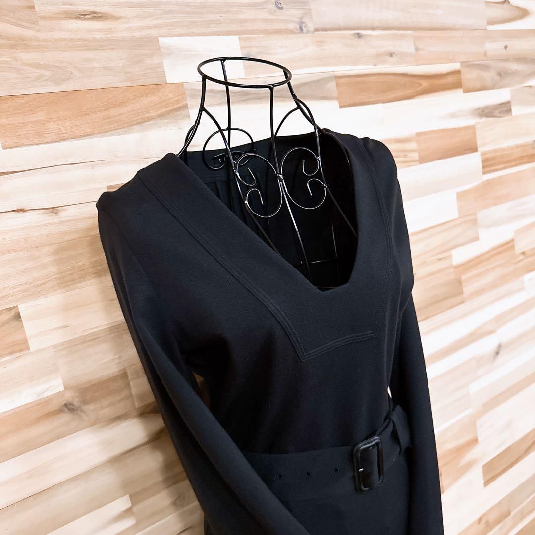  セオリー Vネック レーヨン ブレンド ワンピース 長袖 シルク裾 黒ブラック 長袖 七分袖 ひざ丈ワンピース