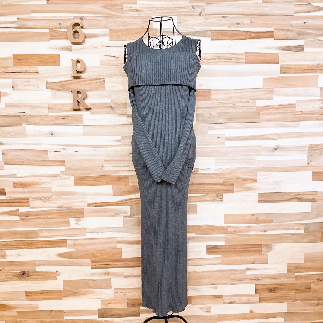  フレイアイディー オフショルダー リブ ニット ロング ワンピース秋冬 グレー 長袖 七分袖 ニットワンピース