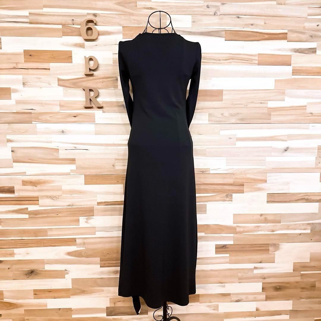  ザラ アシンメトリー フリル スリット ロング ドレス ワンピースS黒×白 長袖 七分袖 カットソーワンピース