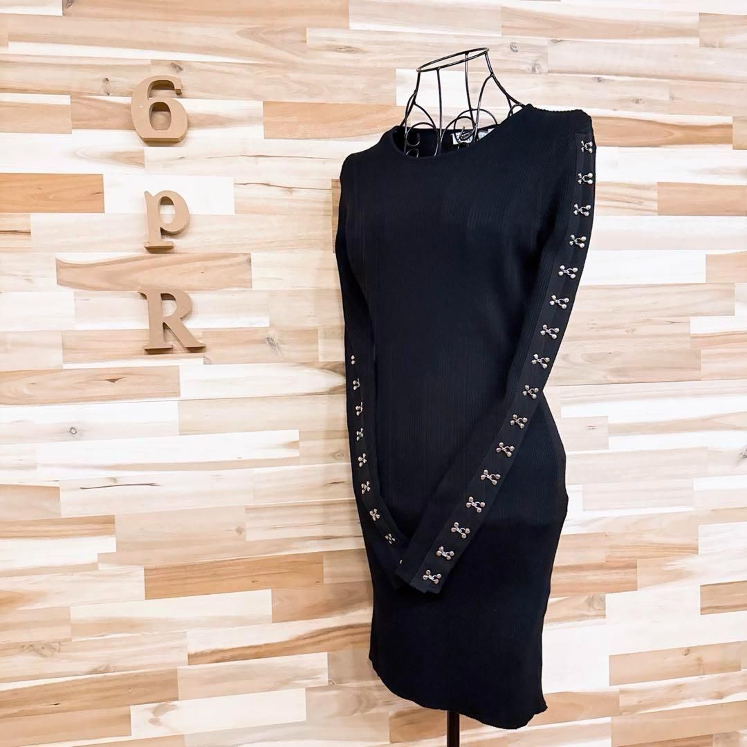 ザラ リブニット タイト ワンピース オープンスリーブ 腕ハトメ S 黒