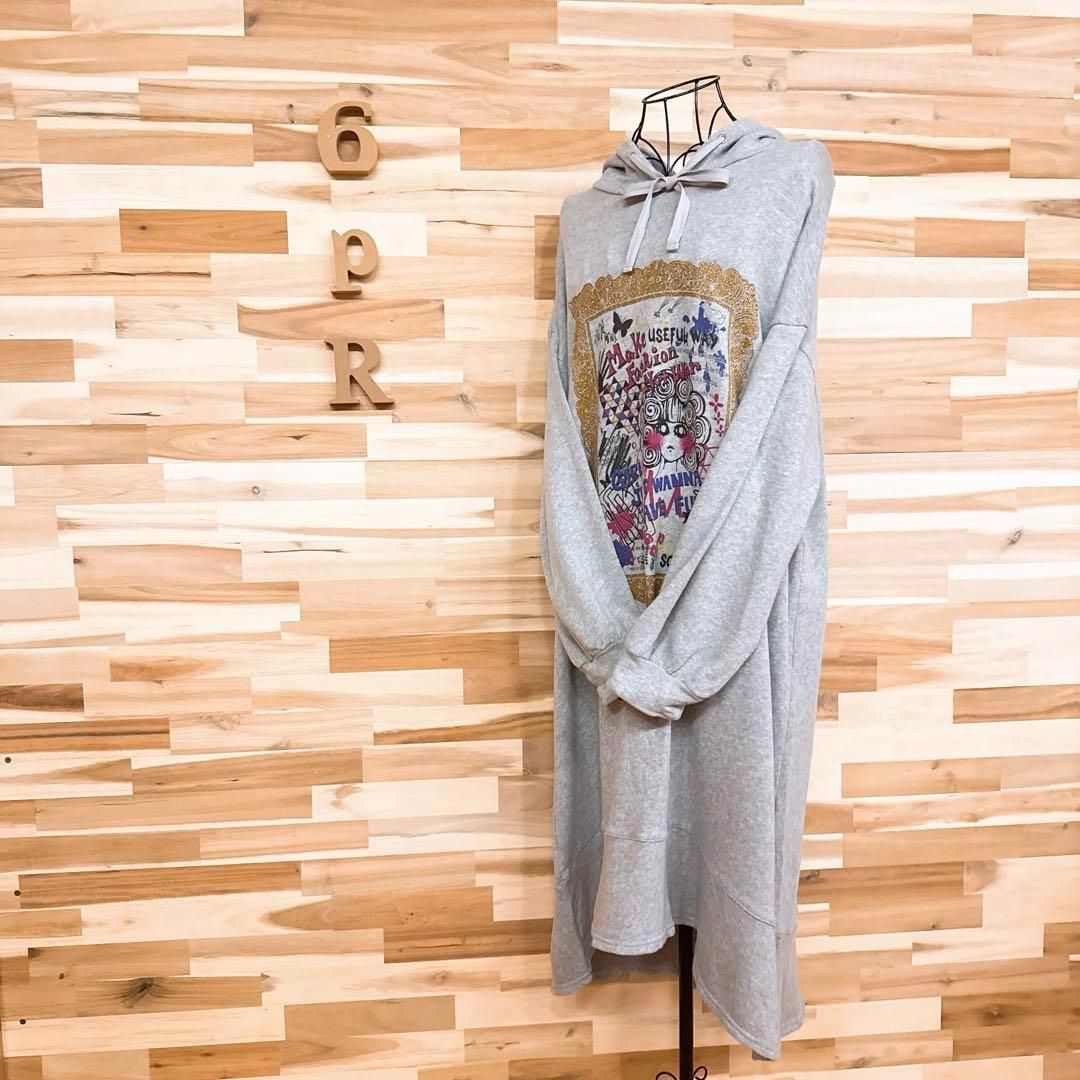 ス オーバーサイズ ロング パーカー ワンピース スカラ子ちゃんMグレー