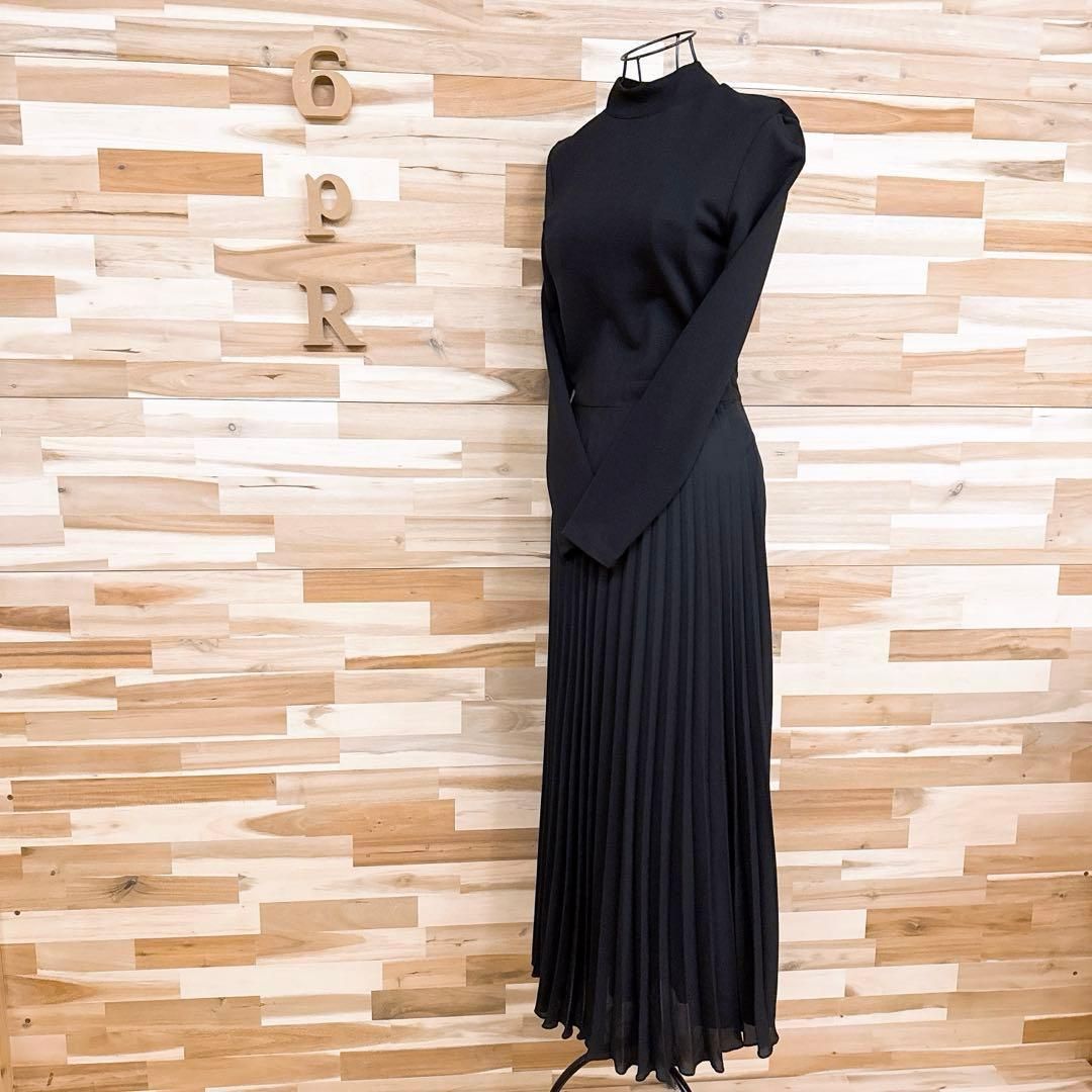 ザラ 異素材 プリーツ切り替え ロング ワンピース シンプル S 黒ブラック