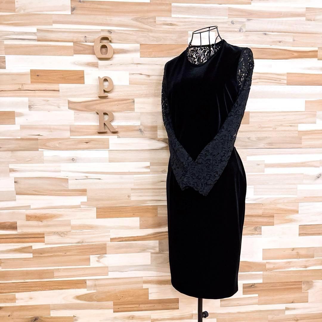 ザラ ベロア フラワー レース ドッキング ドレス ワンピース花柄 M 黒