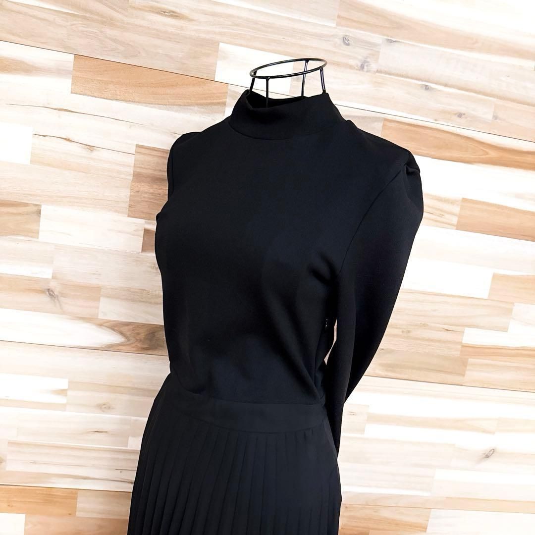 ザラ 異素材 プリーツ切り替え ロング ワンピース シンプル S 黒ブラック