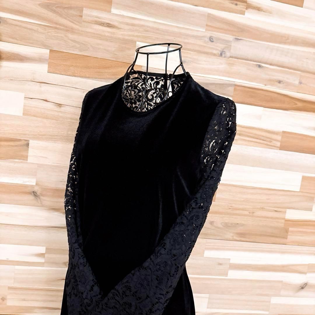 ザラ ベロア フラワー レース ドッキング ドレス ワンピース花柄 M 黒