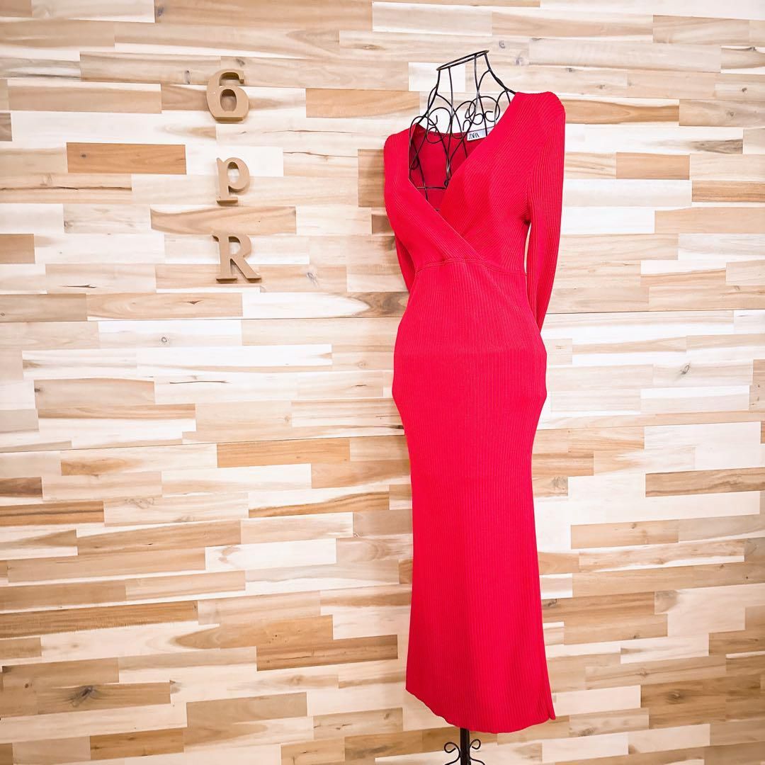  ザラ Vネック カシュクール ロング リブ ニット ドレス ワンピース S 赤 長袖 七分袖 ニットワンピース