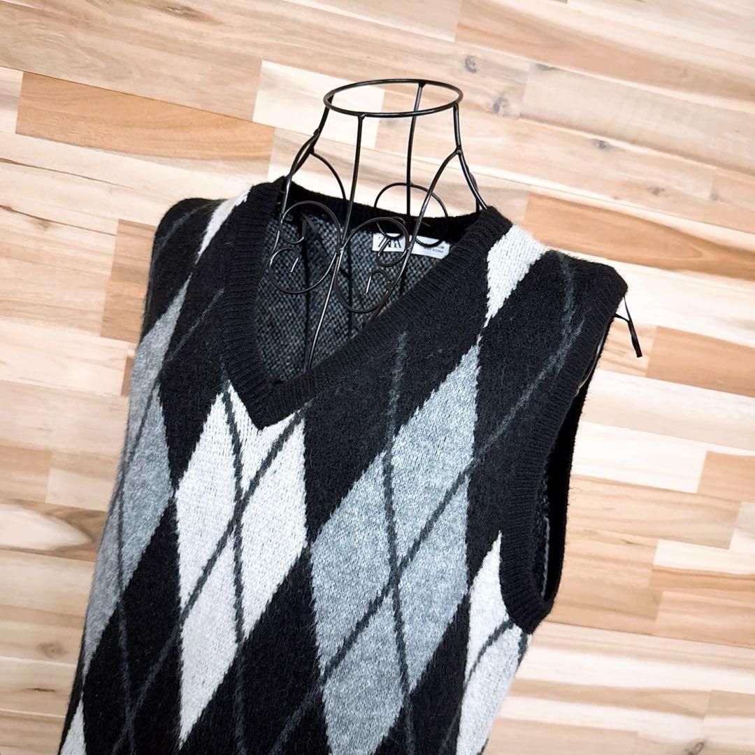 ザラ ロング ニット ベスト ワンピース アーガイル チェック総柄 S 黒×白