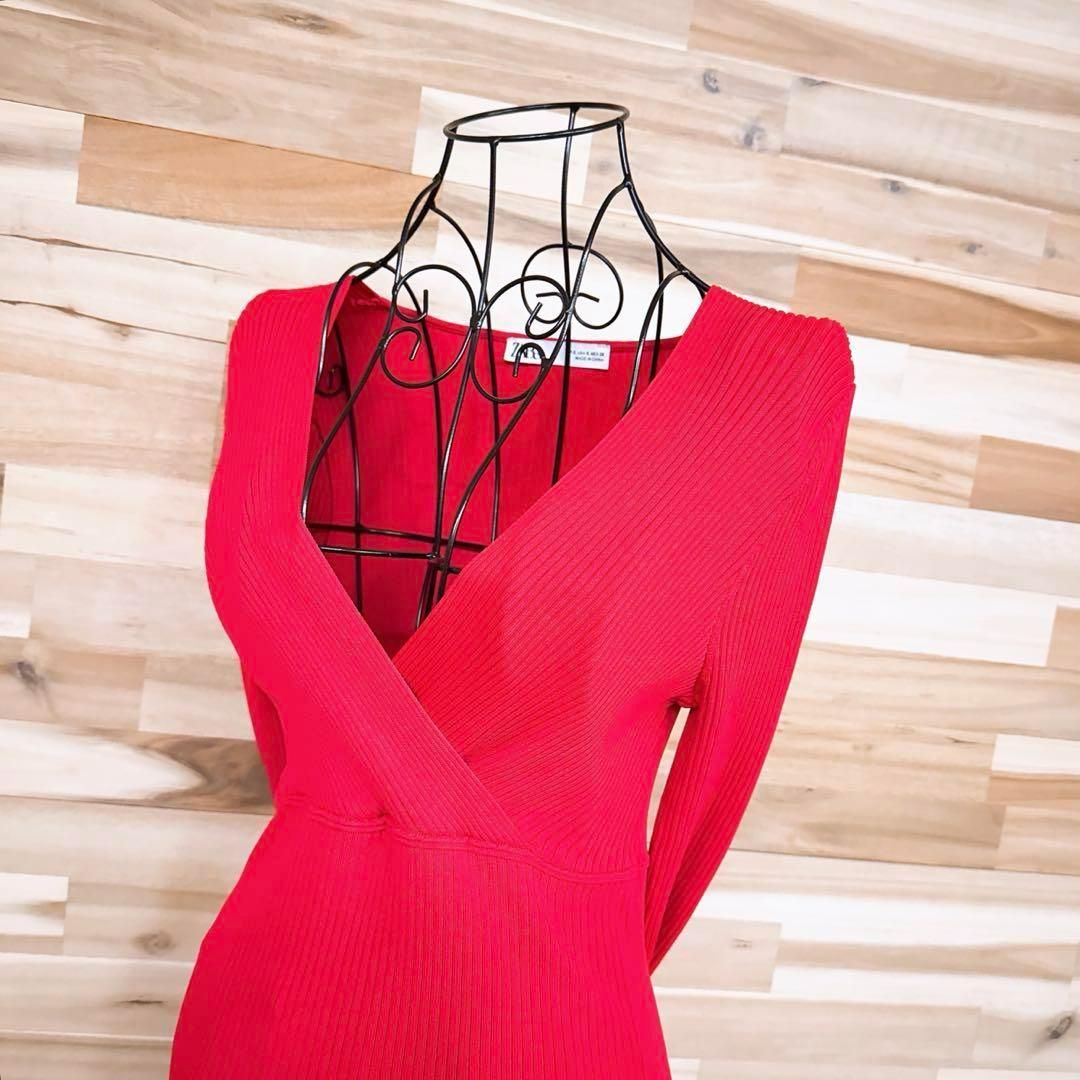 ザラ Vネック カシュクール ロング リブ ニット ドレス ワンピース S 赤