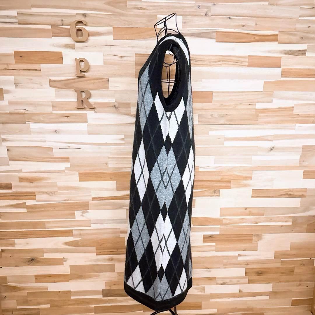  ザラ ロング ニット ベスト ワンピース アーガイル チェック総柄 S 黒×白 ノースリーブ ニットワンピース